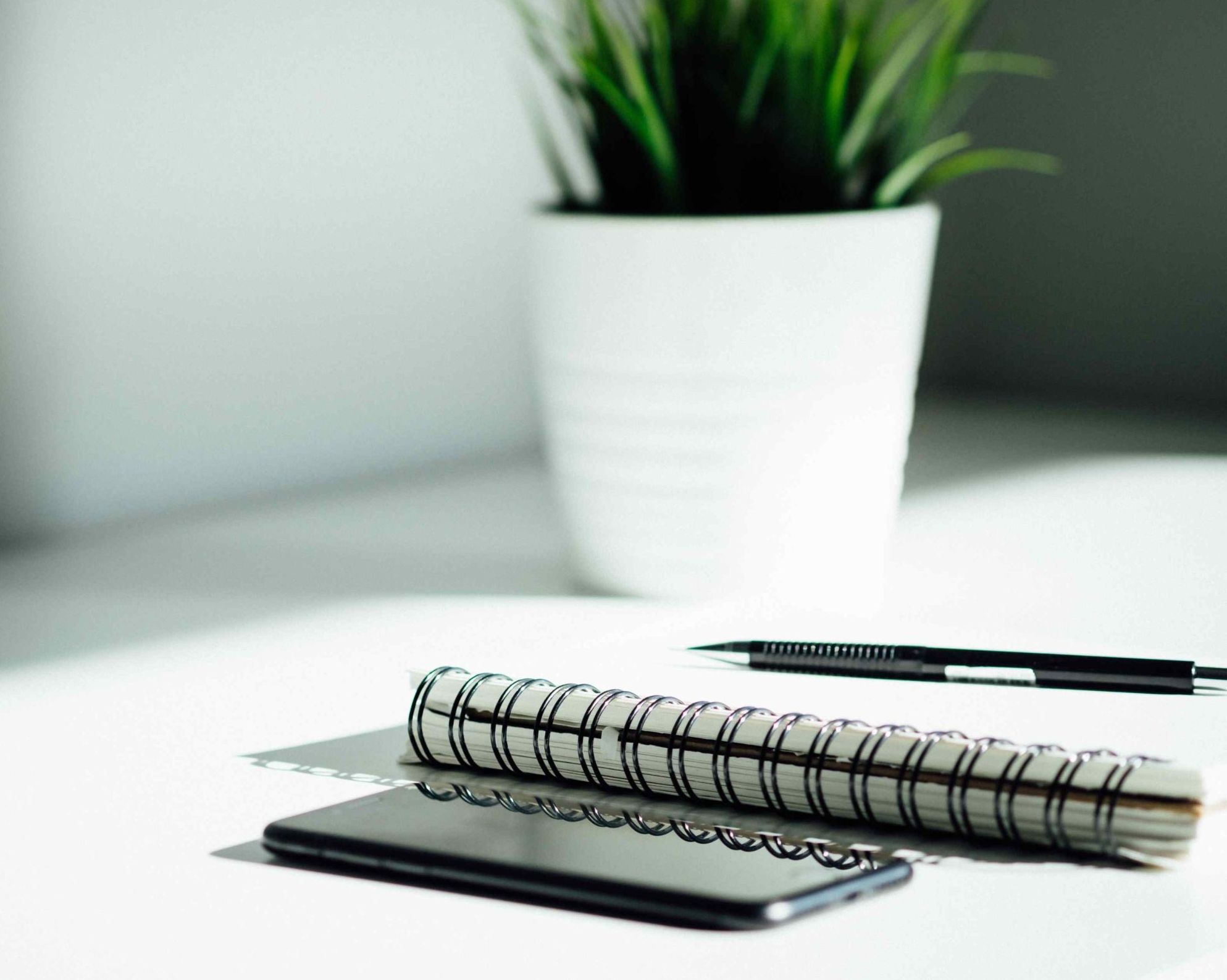 Smartphone scuro, quaderno a spirale e penna nera accanto ad una piantina grassa in un vaso bianco su una superficie chiara: l'ambiente ideale per creare il tuo budget personale