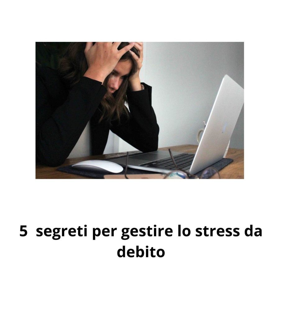 Giovane donna in giacca con lunghi capelli neri agitata davanti al suo portatile appoggiato sulla scrivania. Sotto la scritta " 5 segreti per gestire lo stress da debito"