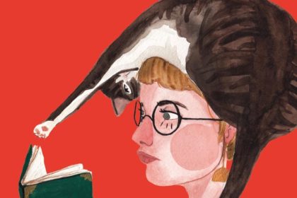 Copertina del libro piccola farmacia letteraria di Elena molini con disegno di donna in camicia a righe con un gatto bianco e nero che sta leggendo un libro dalla copertina verde con