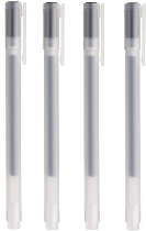 Immagine di 4 penne Muji sistemate verticalmente in plastica trasparente pronte per scrivere un diario